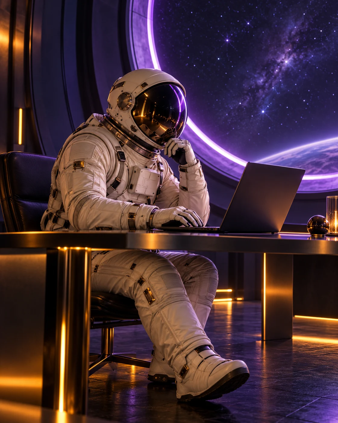 Astronauta trabajando ante un portal violeta, composición conceptual
