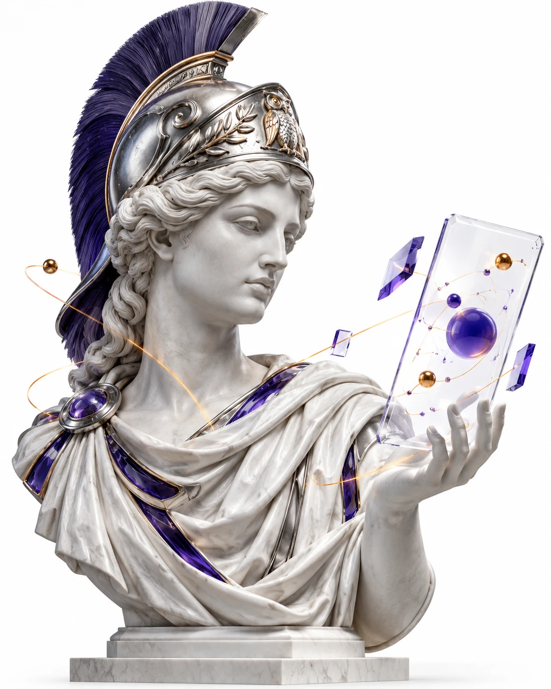 Escultura de Atenea con una tableta de cristal y conexiones violeta y ámbar