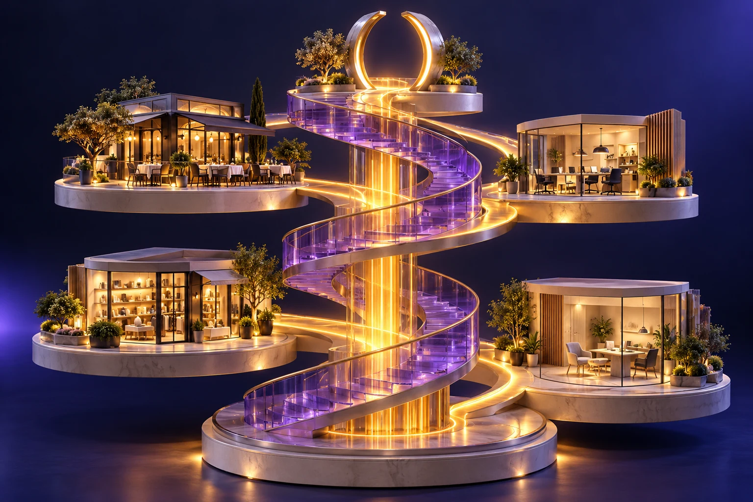 Comunidad de pequeños negocios conectados por una escalera de cristal violeta, imagen conceptual
