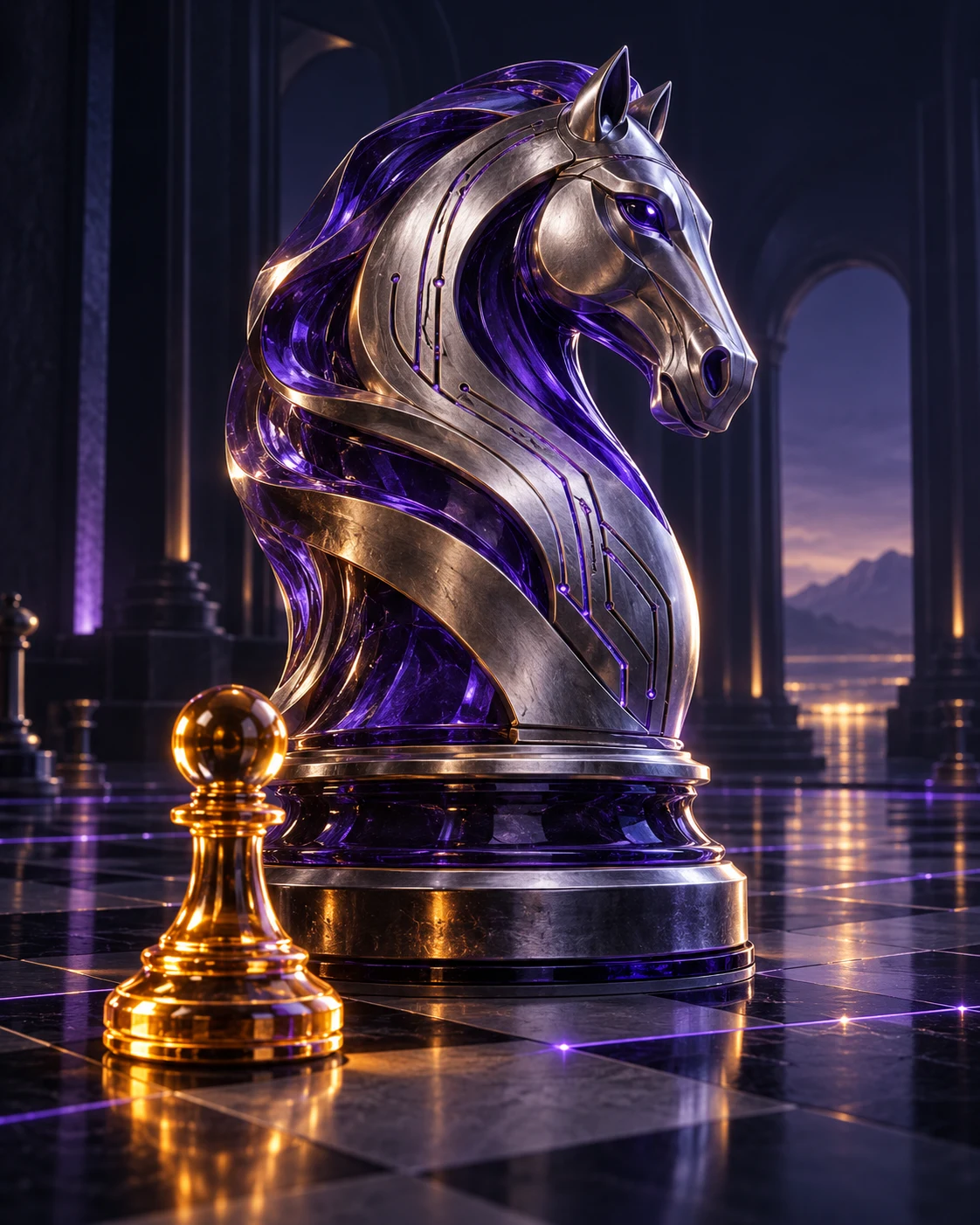 Caballo de ajedrez de cristal violeta y metal junto a un peón ámbar